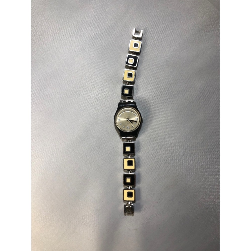 Swatch Swiss Made Watch Black Cream Enamel Square Link Bracelet Silver Dial
